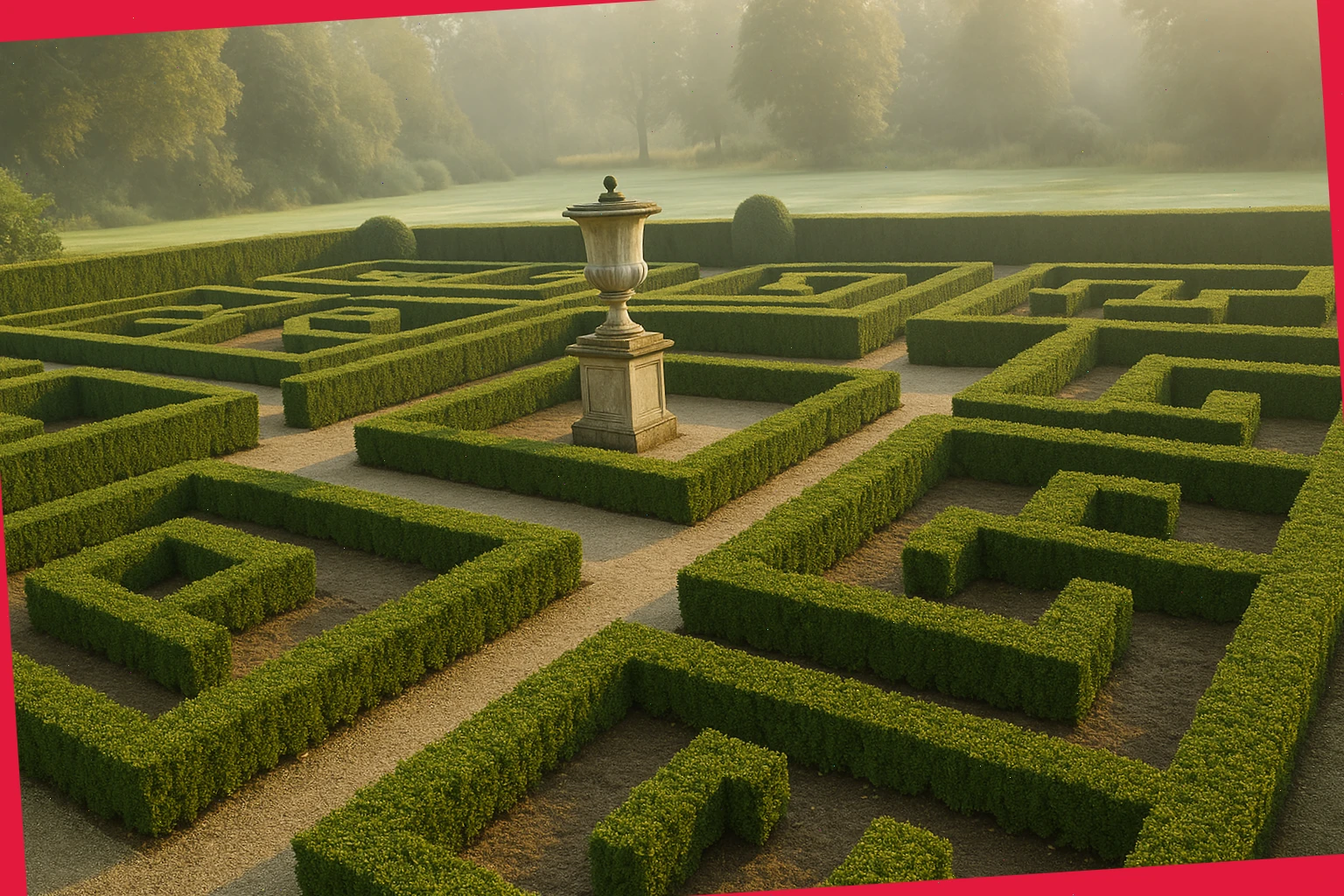 Formal parterre with clipped box, gravel paths and a central stone urn in soft morning light