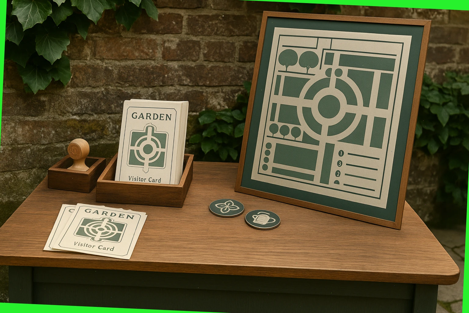 Garden kiosk desk with stamped cards, enamel badges and a simple plan board