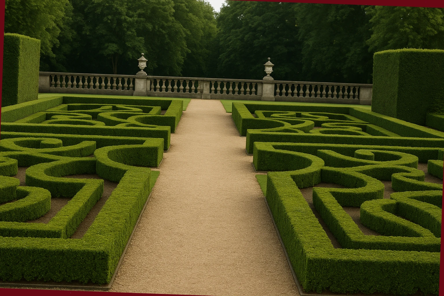 Symmetrical parterre court with clipped hedges, stone balustrade and axial path