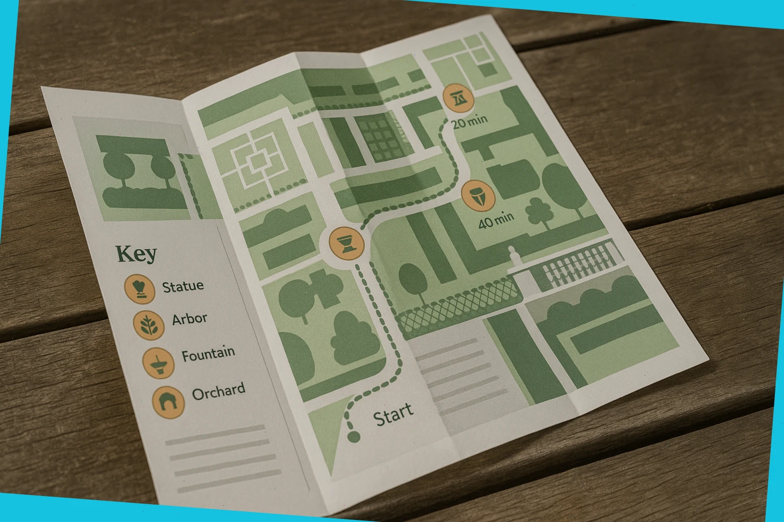 Folded leaflet with garden route diagram, icon keys and timing marks