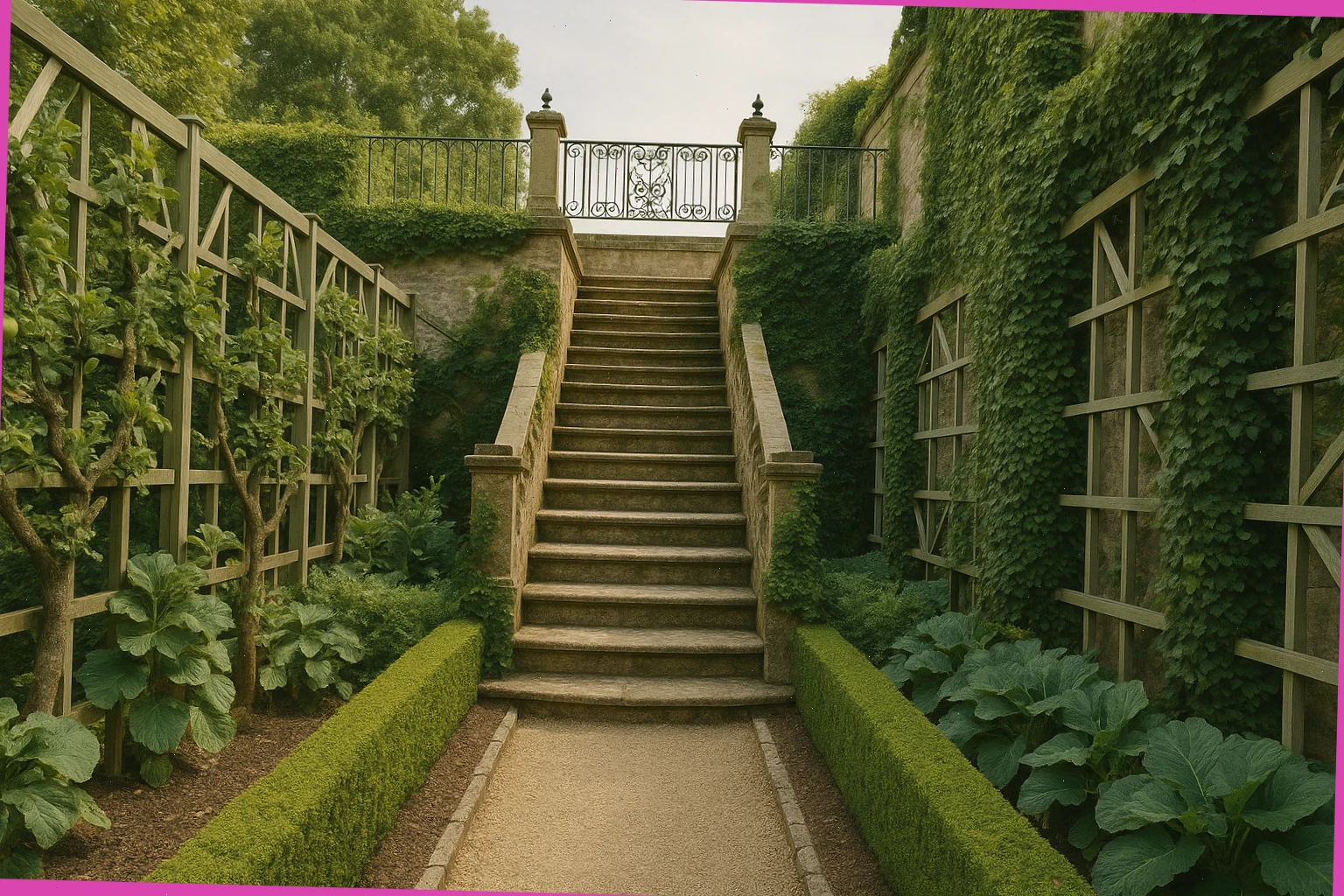 Narrow garden stair to a viewing terrace above espaliered fruit and trellis